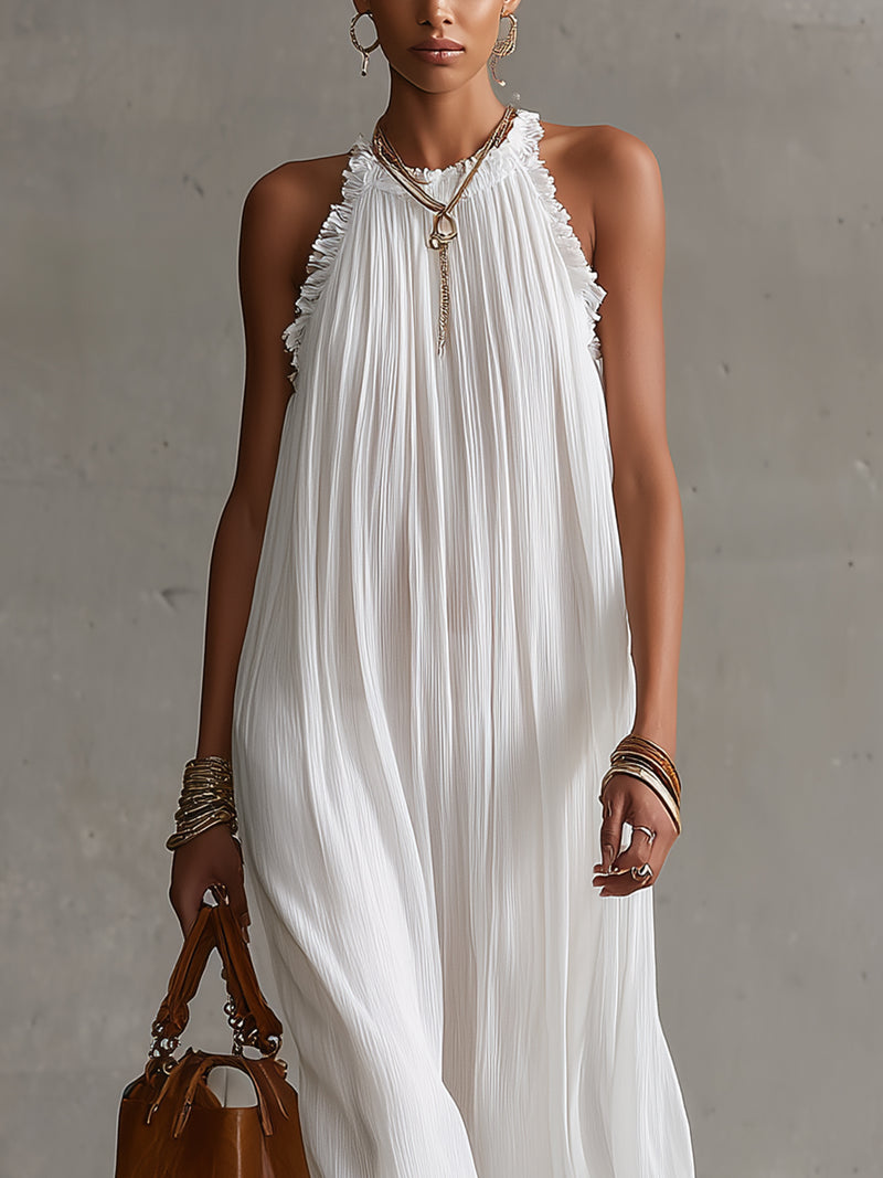 White Chiffon Pleated Halter Neck Maxi Dress