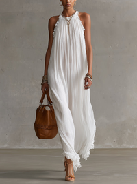 White Chiffon Pleated Halter Neck Maxi Dress