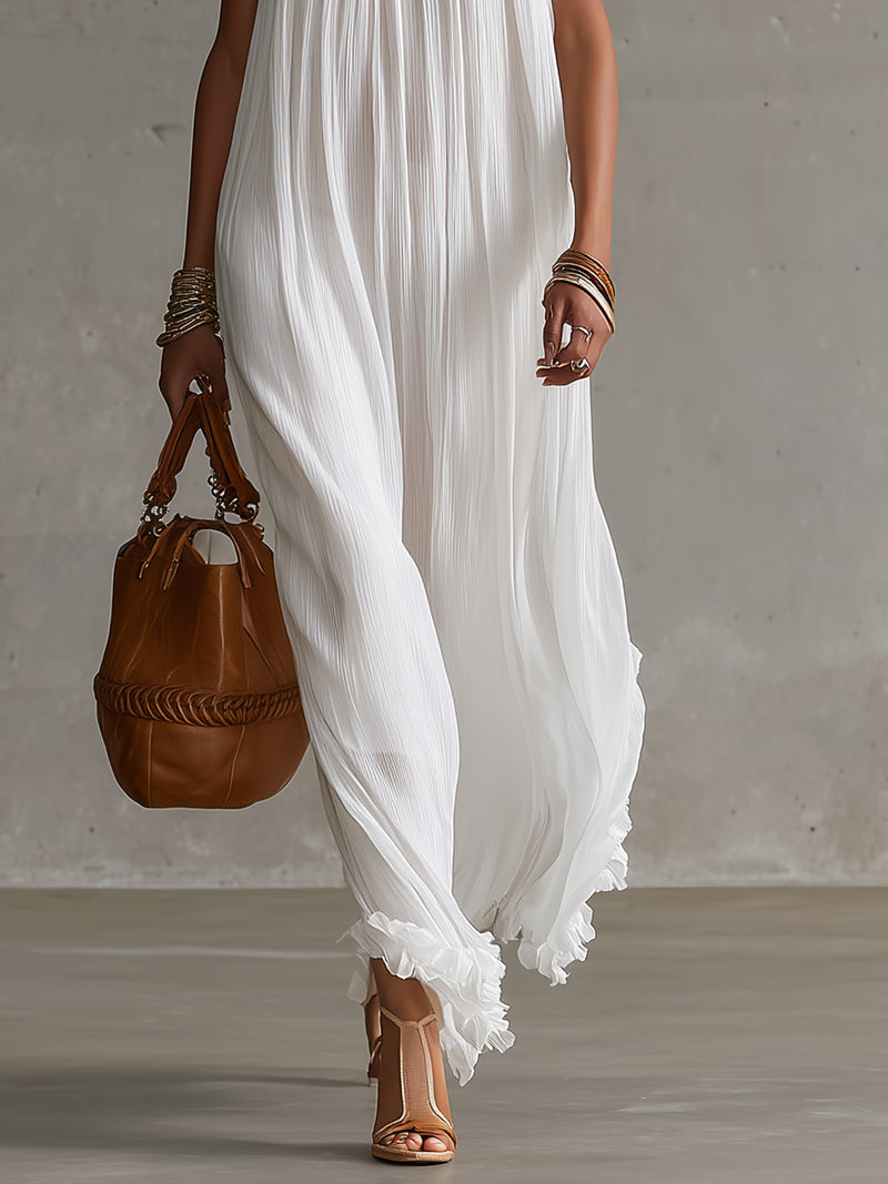 White Chiffon Pleated Halter Neck Maxi Dress