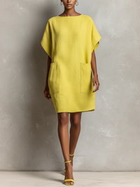 Lime Yellow Faux Linen-Blend Batwing Sleeve Patch Pocket Shift Dress