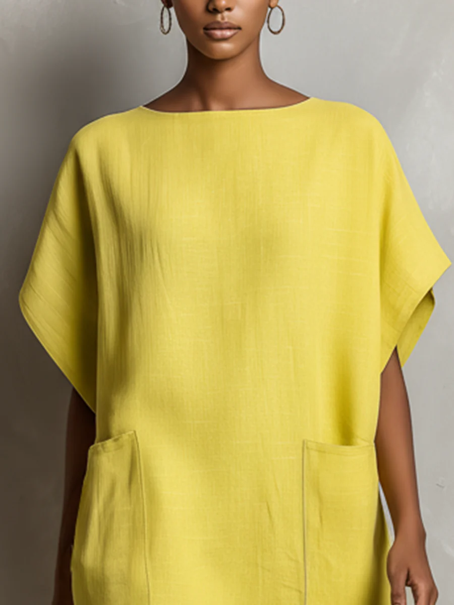 Lime Yellow Faux Linen-Blend Batwing Sleeve Patch Pocket Shift Dress