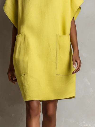 Lime Yellow Faux Linen-Blend Batwing Sleeve Patch Pocket Shift Dress