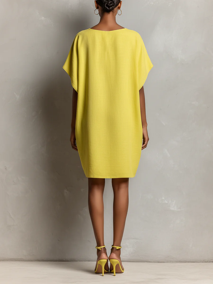 Lime Yellow Faux Linen-Blend Batwing Sleeve Patch Pocket Shift Dress