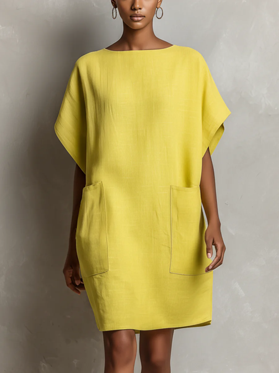Lime Yellow Faux Linen-Blend Batwing Sleeve Patch Pocket Shift Dress