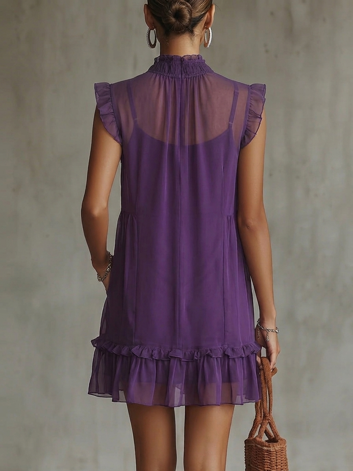Purple Chiffon Ruffle Trim High-Neck Sleeveless Mini Dress