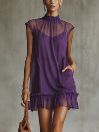 Purple Chiffon Ruffle Trim High-Neck Sleeveless Mini Dress