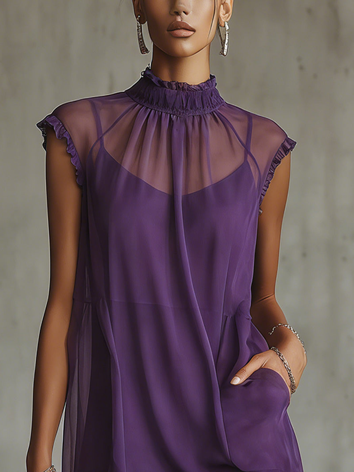 Purple Chiffon Ruffle Trim High-Neck Sleeveless Mini Dress