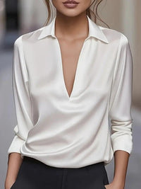 Solid Color Satin V-neck Long-sleeved Casual Shirt