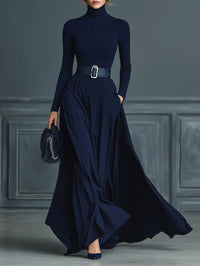 Dark Blue Knitted High-neck Dress（No belt）