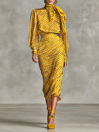 Vintage Satin Polka Dot Print Shirt And Skirt Two-Piece Set