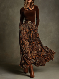 Vintage Stretch Velvet Top and Paisley Print Maxi Skirt Set(with belt)