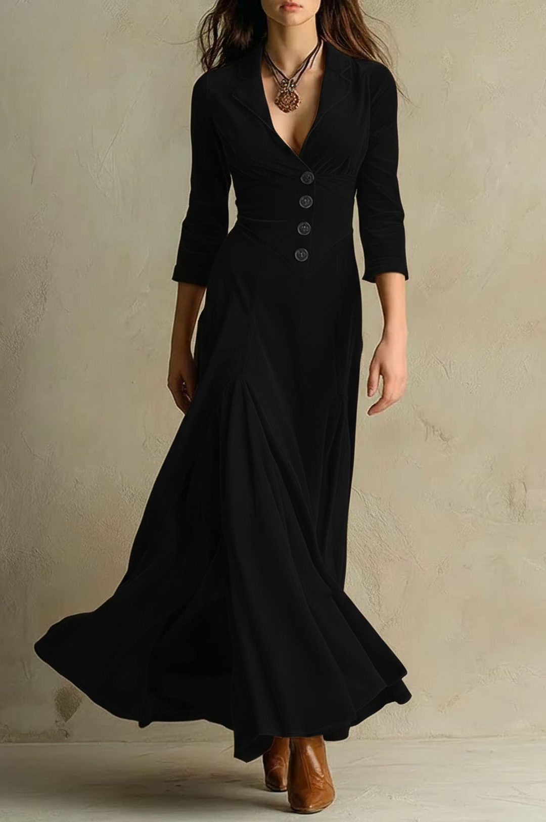 Brown Elegant Retro Suit Collar Velvet Long Dress