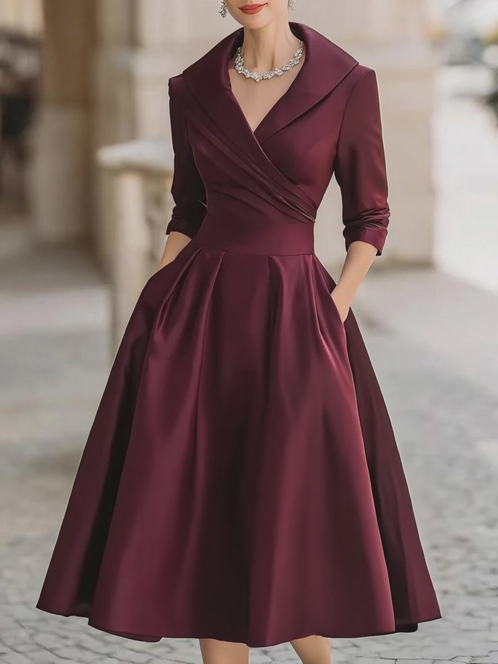 Elegant Black Satin Pleated V-neck A-line Midi Dress