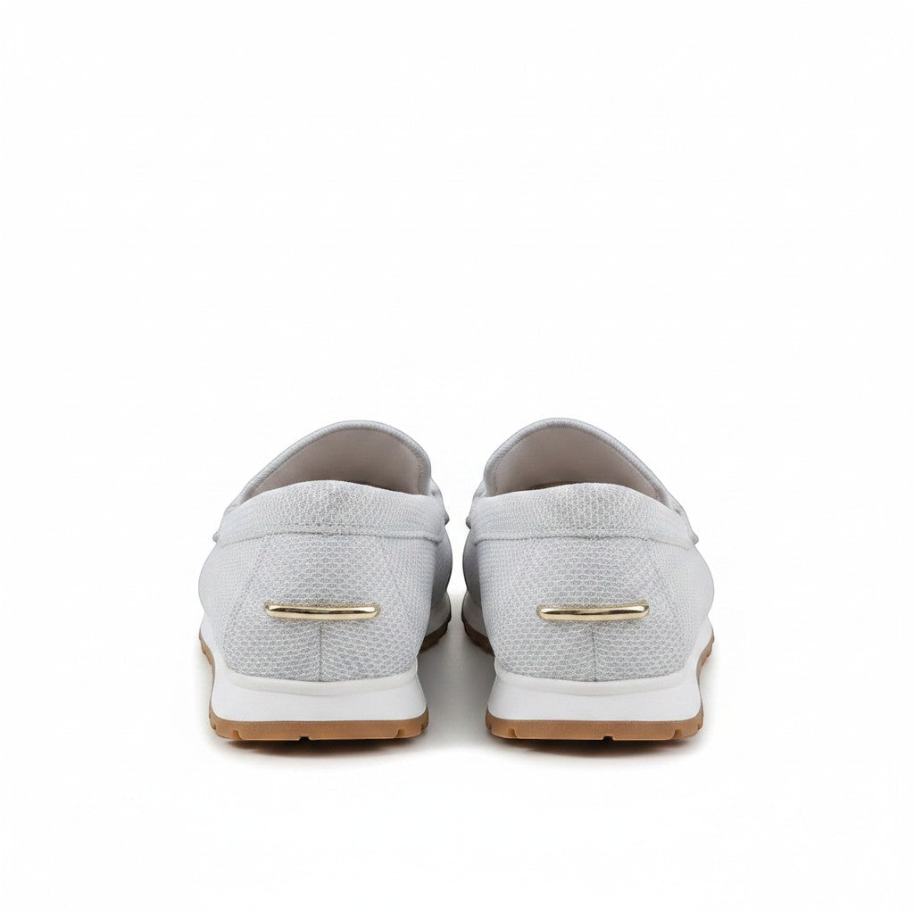 Nora & Elise Susie light grey mesh orthopaedic moccasin trainers with gold horseshoe detail and non-slip sole.