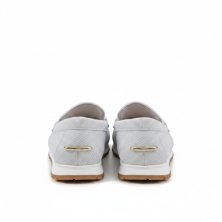 Nora & Elise Susie light grey mesh orthopaedic moccasin trainers with gold horseshoe detail and non-slip sole.