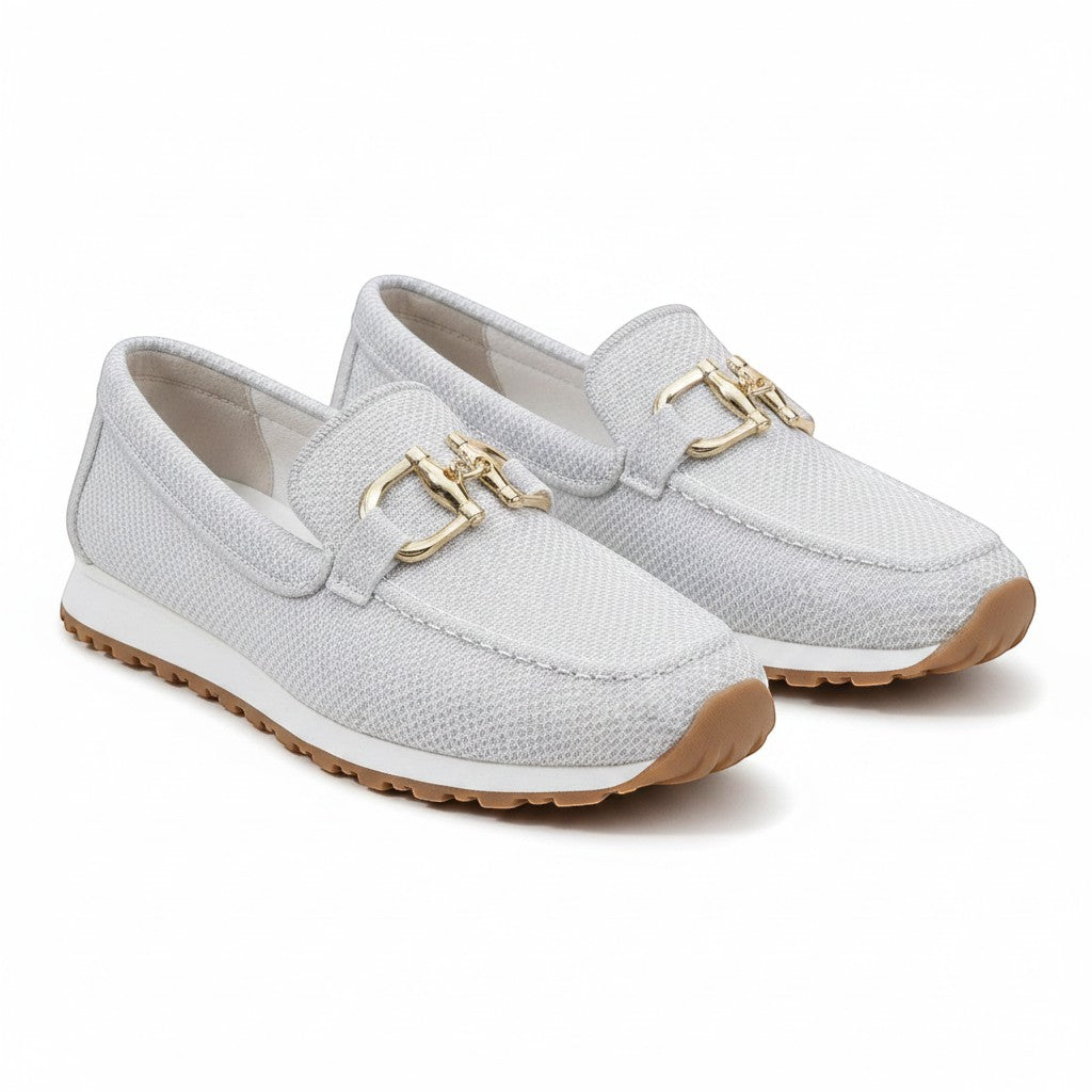 Nora & Elise Susie light grey mesh orthopaedic moccasin trainers with gold horseshoe detail and non-slip sole.