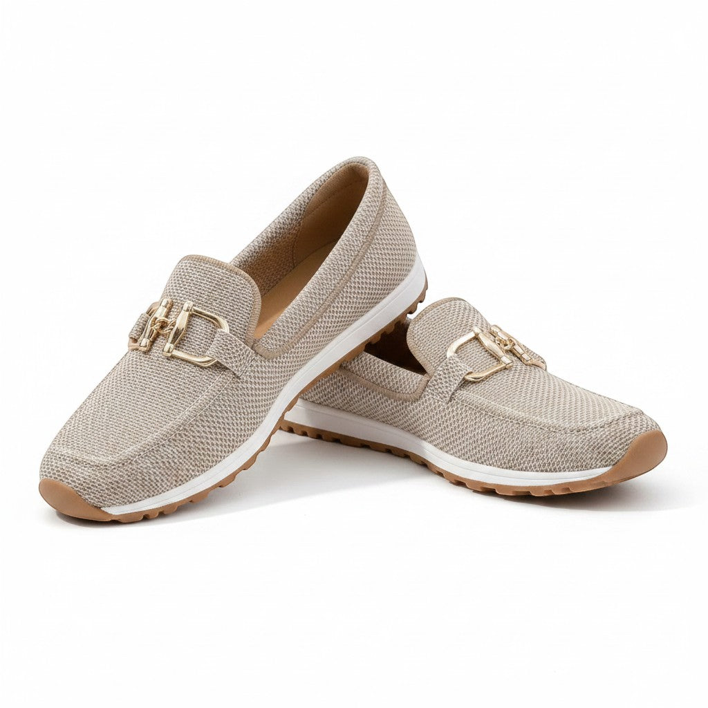 Nora & Elise Susie beige mesh orthopaedic moccasin trainers with gold horseshoe detail and non-slip sole.
