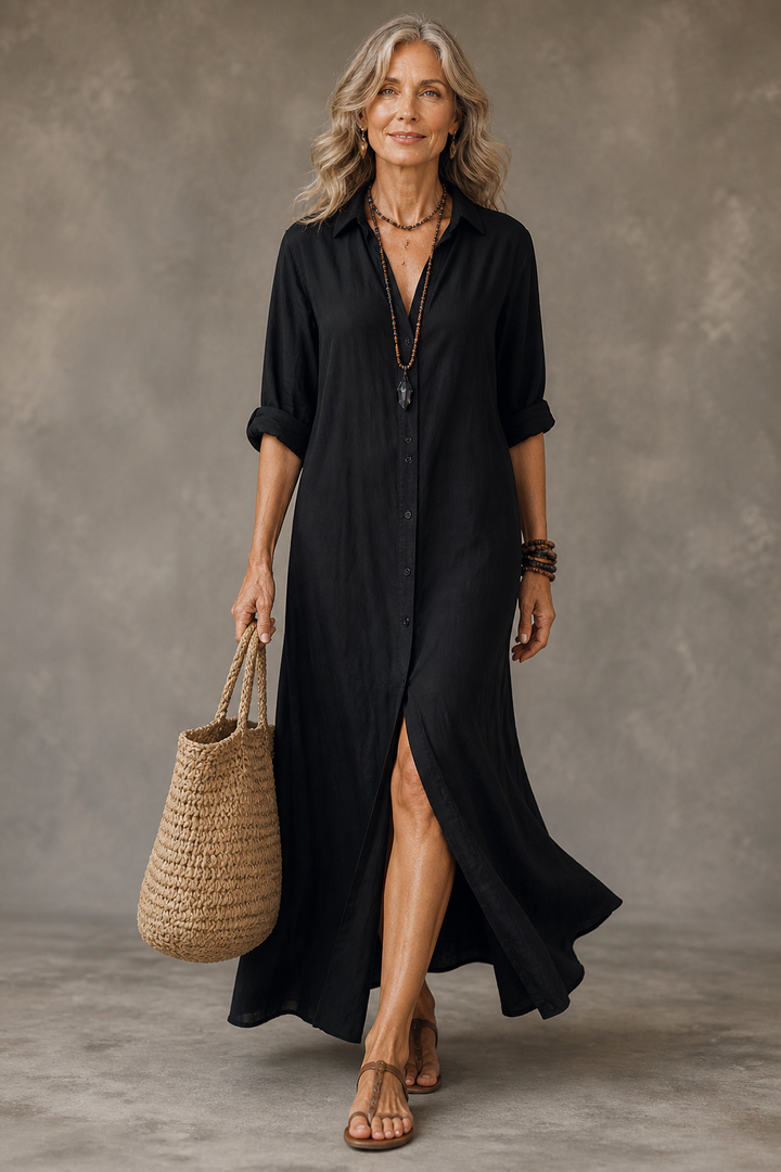 Soline | Relaxed V-Neck Button Maxi Dress