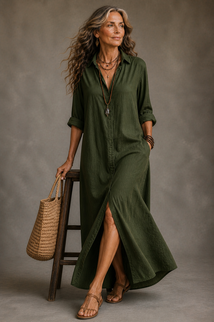 Soline | Relaxed V-Neck Button Maxi Dress